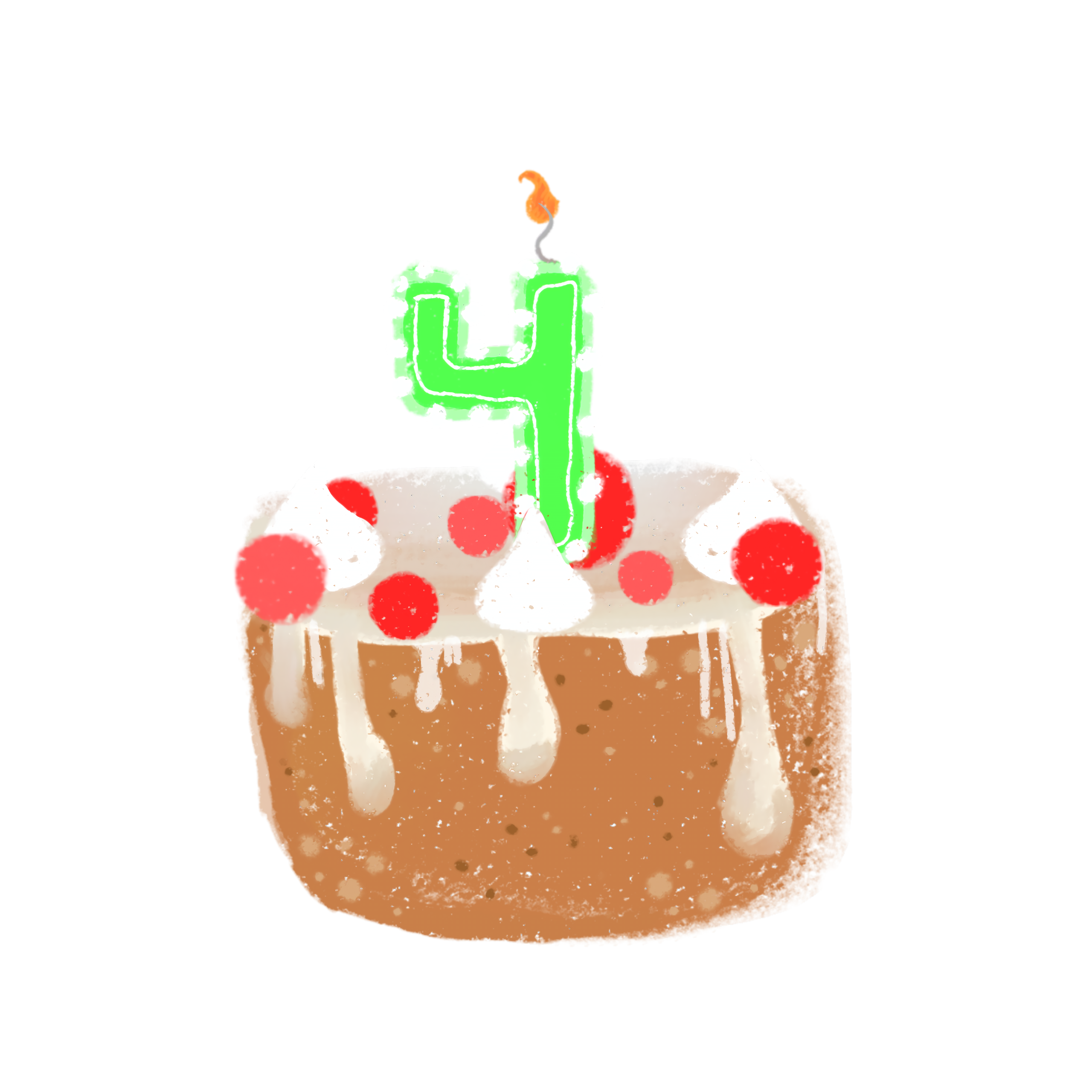 A drawn cake, inspired by Minecraft, is depicted. It has a brown base, topped with white frosting that drips down the sides. Scattered across the frosting are red cherries and small white swirls. A green number '4' candle is placed on top of the cake. 